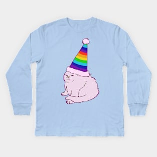 rainbow hat party white persian cat meme Kids Long Sleeve T-Shirt